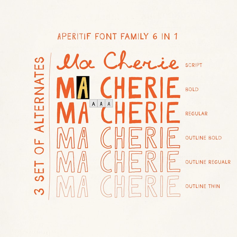 May include: A set of six font variations for the word "Ma Cherie" in a handwritten style. The font styles include script, bold, regular, outline bold, outline regular, and outline thin.