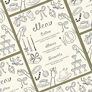 May include: A black and white illustrated menu with a Christmas theme. The menu features a variety of dishes, including roasted butternut squash soup, traditional roast turkey, honey-glazed ham, Christmas pudding with brandy, and spiced apple tart.