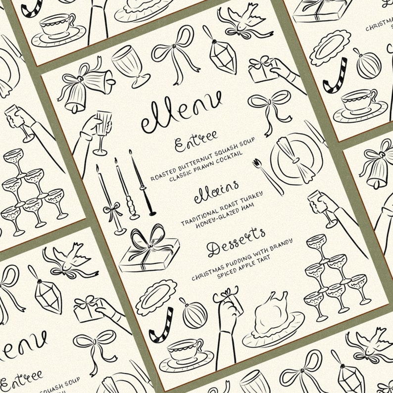 May include: A black and white illustrated menu with a Christmas theme. The menu features a variety of dishes, including roasted butternut squash soup, traditional roast turkey, honey-glazed ham, Christmas pudding with brandy, and spiced apple tart.