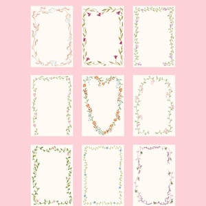 May include: Set of 12 floral frames with different designs. Each frame is made of hand-drawn vines and flowers in various colors, including pink, green, blue, and orange. The frames are perfect for adding a touch of whimsy to any project.