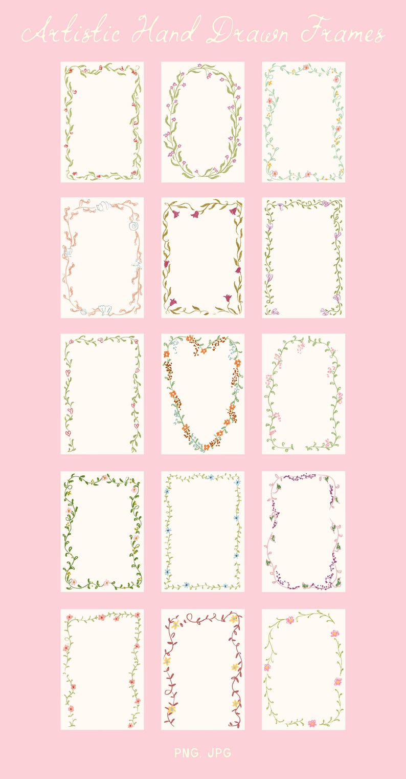 May include: Set of 12 floral frames with different designs. Each frame is made of hand-drawn vines and flowers in various colors, including pink, green, blue, and orange. The frames are perfect for adding a touch of whimsy to any project.