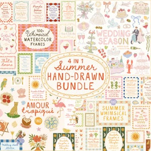 Whimsical Hand-Drawn Watercolor Wedding Bundle, Summer Illustrations, Doodles, Whimsical Frames, Icons for Menu Invitations, Canva Templates