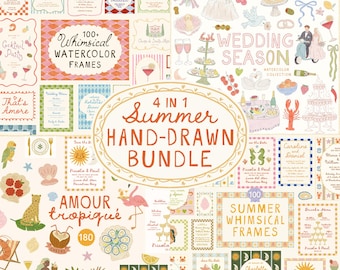 Whimsical Hand-Drawn Watercolor Wedding Bundle, Summer Illustrations, Doodles, Whimsical Frames, Icons for Menu Invitations, Canva Templates