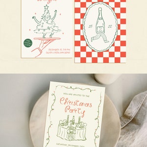 May include: Two Christmas party invitations with green and red illustrations. The first invitation features a cartoon of a person dressed as a Christmas tree. The second invitation features a cartoon of a bottle of champagne walking. Both invitations include the text "Christmas Party" and details about the event.