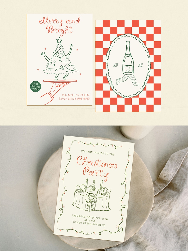 May include: Two Christmas party invitations with green and red illustrations. The first invitation features a cartoon of a person dressed as a Christmas tree. The second invitation features a cartoon of a bottle of champagne walking. Both invitations include the text "Christmas Party" and details about the event.