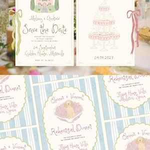 Może przedstawiać: Zaproszenie "Save the Date" z ilustracją r&oacute;żowego domu i tekstem "Melany & Andrew Save the Date" oraz "14 września Golden House, Marsylia". Oddzielna karta przedstawia wieżę szampana z datą "14.09.2027".