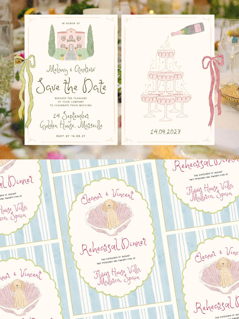 Może przedstawiać: Zaproszenie "Save the Date" z ilustracją r&oacute;żowego domu i tekstem "Melany & Andrew Save the Date" oraz "14 września Golden House, Marsylia". Oddzielna karta przedstawia wieżę szampana z datą "14.09.2027".