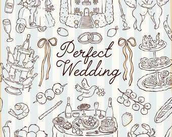 Ilustraciones dibujadas a mano para bodas, garabatos de boda, iconos para plantillas de invitaciones, invitaciones de Canva, verano peculiar, boda en Italia