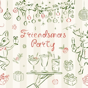 May include: A festive illustration featuring a fox and a moose, both holding gifts, with the text "Friendsmas Party" in red lettering. The image also includes a variety of holiday decorations, such as ornaments, a wreath, and presents.