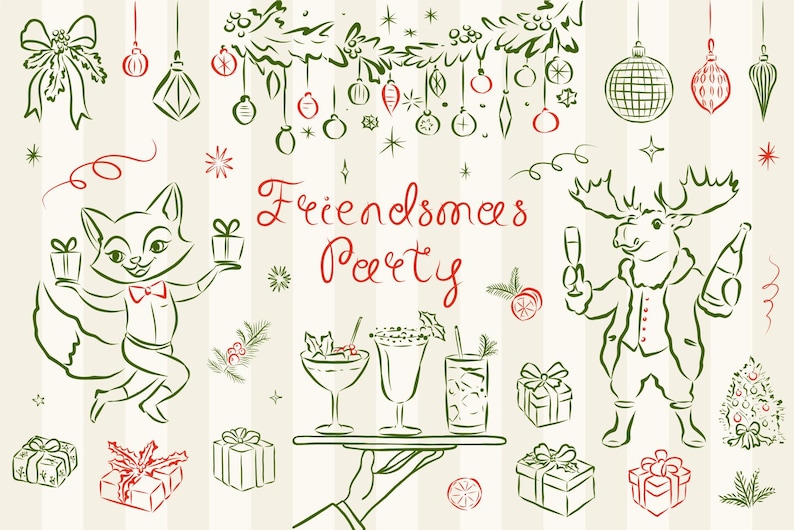 May include: A festive illustration featuring a fox and a moose, both holding gifts, with the text "Friendsmas Party" in red lettering. The image also includes a variety of holiday decorations, such as ornaments, a wreath, and presents.