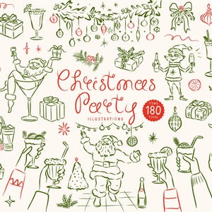 May include: A set of 180 hand-drawn illustrations featuring Christmas party themes. The illustrations are in black and green on a white background. The illustrations include a variety of festive elements, such as Christmas trees, baubles, presents, Father Christmas, and cocktails.