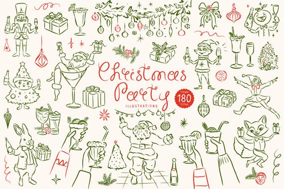 Hand Drawn Quirky Christmas SVG Clipart, Whimsical Christmas Party Illustrations, Icons for Christmas Invitations and Templates, Fun Doodles