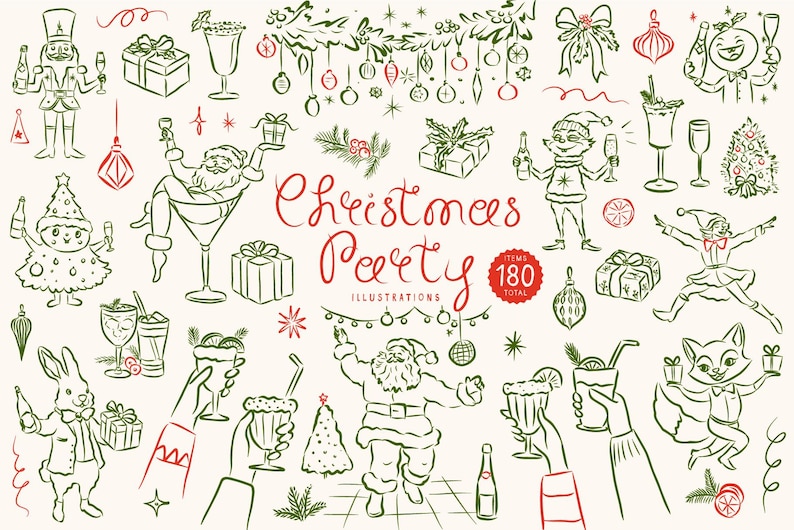 May include: A set of 180 hand-drawn illustrations featuring Christmas party themes. The illustrations are in black and green on a white background. The illustrations include a variety of festive elements, such as Christmas trees, baubles, presents, Father Christmas, and cocktails.