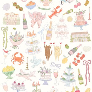 Fantazyjne ręcznie rysowane akwarelowe ilustracje ślubne, Dolce Vita Summer Doodles, włoskie ikony na zaproszenia do menu, dziwaczne szablony Canva zdjęcie 8