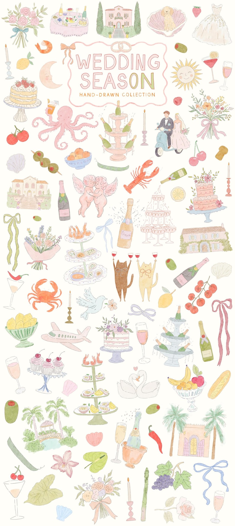 Fantazyjne ręcznie rysowane akwarelowe ilustracje ślubne, Dolce Vita Summer Doodles, włoskie ikony na zaproszenia do menu, dziwaczne szablony Canva zdjęcie 8