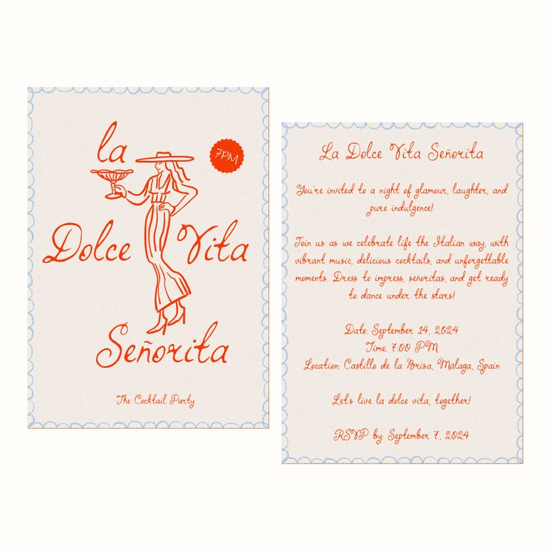 May include: Invitation to a cocktail party called "La Dolce Vita Se&ntilde;orita" with a red illustration of a woman holding a cocktail glass. The party is on September 14, 2024 at 7:00 PM at Castillo de la Brisa in M&aacute;laga, Spain. RSVP by September 7, 2024.