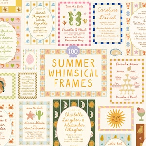 Bundle de cliparts cadres lunatiques, cadres PNG dessinés à la main pour les modèles de faire-part de mariage d'été, Menu, toile, bordures colorées numériques