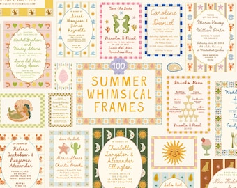 Whimsical Summer Frames Clipart Bundle, Hand-drawn PNG Frames for Summer Wedding Invitation Templates, Menu, Canva, Digital Colorful Borders