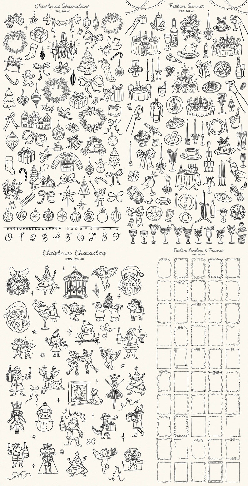 May include: A black and white illustration set of Christmas and festive dinner themed clip art. The set includes images of decorations, food, drinks, characters, borders, and frames. The illustrations are in a hand-drawn style.