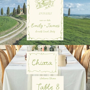 May include: A wedding table setting with a white tablecloth and a place card that says "Chiara" in cursive. The table number is 8 and the names Antonia and Marcello are listed below. The table is set with a white tablecloth, silverware, and glasses.