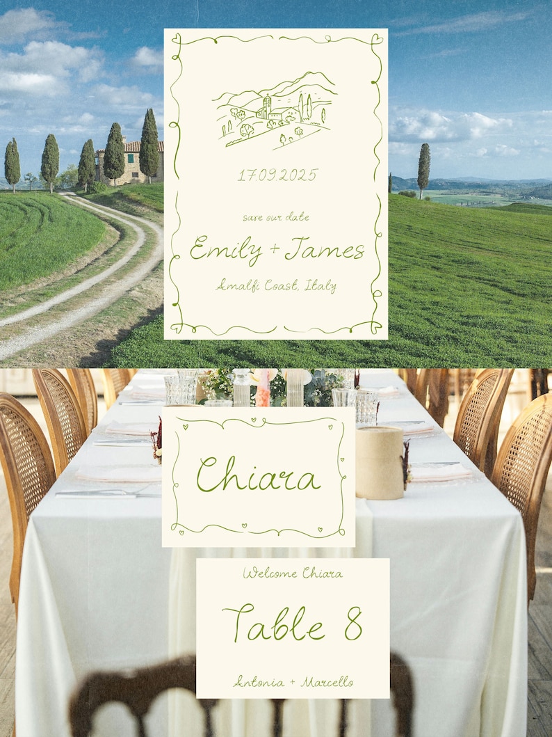May include: A wedding table setting with a white tablecloth and a place card that says "Chiara" in cursive. The table number is 8 and the names Antonia and Marcello are listed below. The table is set with a white tablecloth, silverware, and glasses.