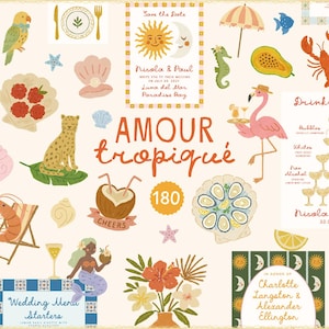 Clipart fantaisiste de mariage d'été dessinés à la main, illustrations de mariage côtier tropical, gribouillages, icônes pour invitations, modèles de toile, menu
