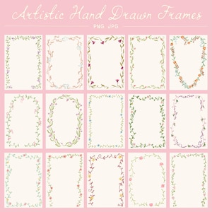 May include: Set of 18 hand-drawn floral frames in various styles. The frames are in shades of green, pink, blue, and yellow. The frames are perfect for adding a touch of whimsy to your designs.