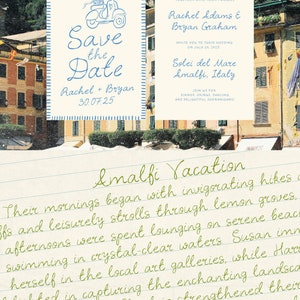May include: A save the date card with a blue and white illustration of a scooter. The card has a cream background with blue stitching around the border. The text on the card reads "Save the Date" with the names "Rachel + Bryan" and the date "30.07.25".
