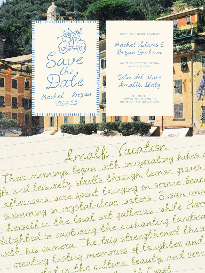 May include: A save the date card with a blue and white illustration of a scooter. The card has a cream background with blue stitching around the border. The text on the card reads "Save the Date" with the names "Rachel + Bryan" and the date "30.07.25".