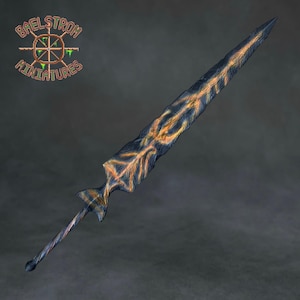 Puede incluir: Una espada en miniatura con una hoja oscura y texturizada con patrones de color naranja brillante similares a venas. La empuñadura es delgada con una pequeña guarda. El logotipo Baelstrom Miniatures es visible en la esquina superior izquierda.