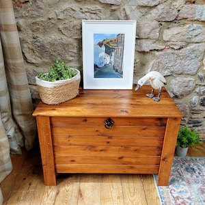 May include: A wooden chest in a warm, honey colour. It has a black metal handle and is topped with a framed painting and a decorative bird figurine. A woven basket with greenery sits on the chest.