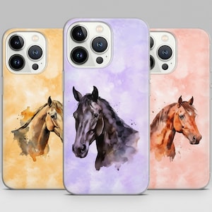May include: Three iPhone cases featuring watercolour designs of horses. The cases are in shades of purple, orange and pink. Each case depicts a different breed of horse.