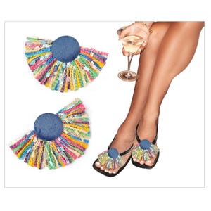Flip Flop Sandal Bunion cover. Hide toes. Denim blue tassel fringe. Interchangeable chic stylish designer shoe attachment.