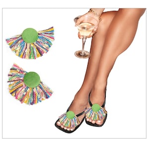 Flip Flop Sandal Bunion cover. Hide toes. Lilly kiwi green tassel fringe. Interchangeable chic stylish designer shoe attachment.