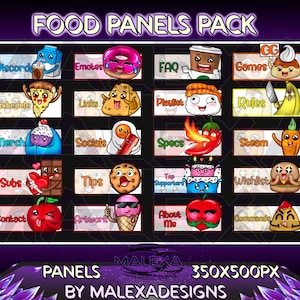 Puede incluir: Un conjunto de 16 paneles de Twitch coloridos con personajes con temática de comida. Cada panel tiene una categoría diferente, como Discord, Emotes, FAQ, Juegos, Horario, Enlaces, Lista de reproducción, Reglas, Mercancía, Redes sociales, Especificaciones, Steam, Suscripciones, Consejos, Lista de deseos, Contacto, Arte, Acerca de mí y Comandos. Los paneles están diseñados en un estilo de dibujos animados y son perfectos para agregar un toque divertido y único a tu transmisión de Twitch.