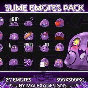 Puede incluir: Un conjunto de 20 emojis de slime morado con diferentes expresiones, incluyendo "RIP", "Hype", "Hi" y "Love". Los emojis son de 500x500 píxeles y están diseñados por Malexadesigns.