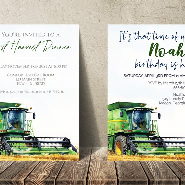 Tractor Birthday Invitation, Editable Invitation, Harvest Dinner, Dinner Party, Instant Download, Green Combine, Harvest Time, FAN127