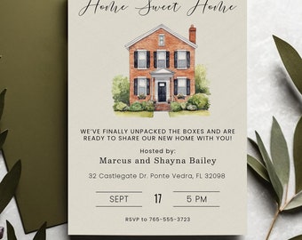 May include: A housewarming invitation with a watercolor illustration of a brick house. The invitation reads "Home Sweet Home" and includes the text "We've finally unpacked the boxes and are ready to share our new home with you!"  Hosted by: Marcus and Shayna Bailey, 32 Castlegate Dr. Ponte Vedra, FL 32098.  Sept 17, 5 PM. RSVP to 765-555-3723.