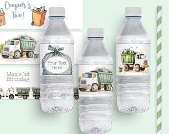 May include: Water bottle labels with a green garbage truck and the text "Your Text Here". The labels are designed for a birthday party with a garbage truck theme.