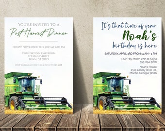 Tractor Birthday Invitation, Editable Invitation, Harvest Dinner, Dinner Party, Instant Download, Green Combine, Harvest Time, FAN127