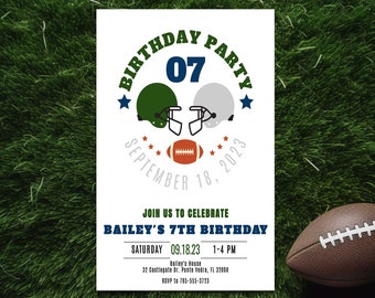 May include: White invitation card with blue and green football helmets and a football. The text on the card reads "Birthday Party 07 September 18, 2023 Join us to celebrate Bailey's 7th Birthday Saturday 09.18.23 1-4 PM Bailey's House 32 Castlegate Dr. Ponte Vedra, FL 32089 RSVP to 785-555-3723"