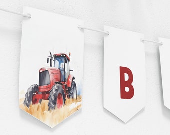 May include: A red tractor with a white cab is featured on a white banner with the letters "BE" in red on the banners to the right. The banners are part of a string of banners.