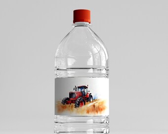 May include: A clear plastic water bottle with a red cap and a label featuring a watercolor illustration of a red tractor driving through a field of wheat.