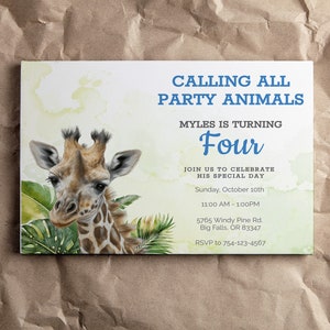 Safari Birthday Invitation, Editable Invitation, Animal Party, Jungle Invite, Giraffe Invitation, Instant Download, Giraffe Invite, FAN120