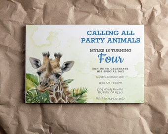 Safari Birthday Invitation, Editable Invitation, Animal Party, Jungle Invite, Giraffe Invitation, Instant Download, Giraffe Invite, FAN120
