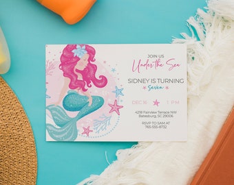 Birthday Invitation Mermaid Party Invite Mermaid Theme Birthday Girl Invitation Mermaid Invite Under The Sea Little Girl Mermaid FAN139