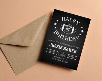May include: Black and white birthday invitation with a football graphic and the text "Happy Birthday" and "Jessie Baker". The invitation includes the date, time, and address for the party.