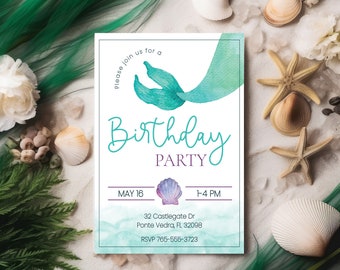 Birthday Invitation Mermaid Party Invite Mermaid Theme Birthday Girl Invitation Mermaid Invite Under The Sea Little Girl Mermaid FAN139