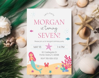 Birthday Invitation Mermaid Party Invite Mermaid Theme Birthday Girl Invitation Mermaid Invite Under The Sea Little Girl Mermaid FAN139