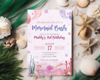Birthday Invitation Mermaid Party Invite Mermaid Theme Birthday Girl Invitation Mermaid Invite Under The Sea Little Girl Mermaid FAN139